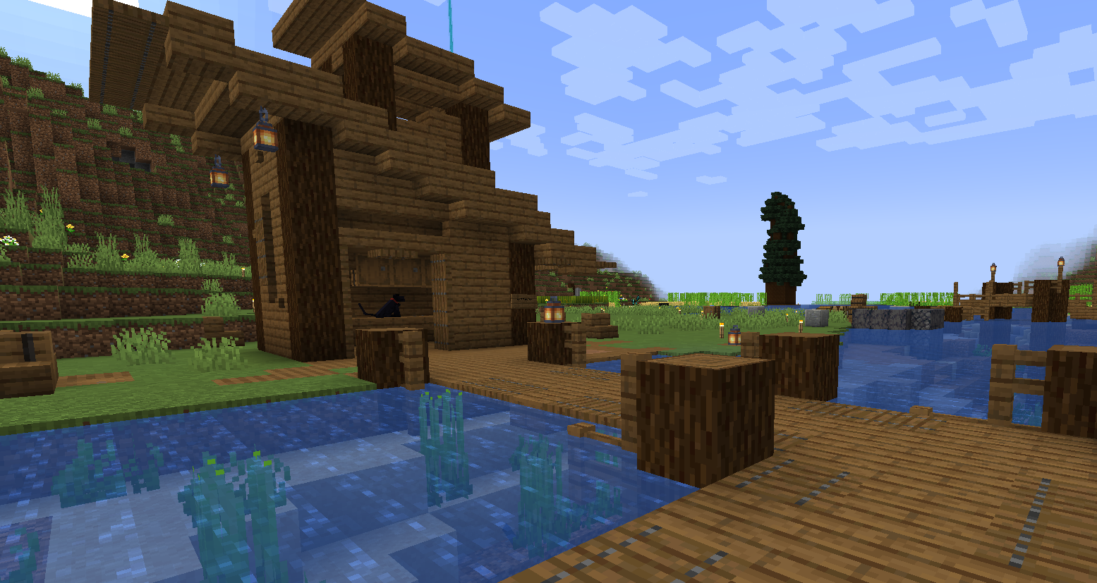 Screenshot of a fishing house on the opposite bank of the riverside from the previous screenshot.